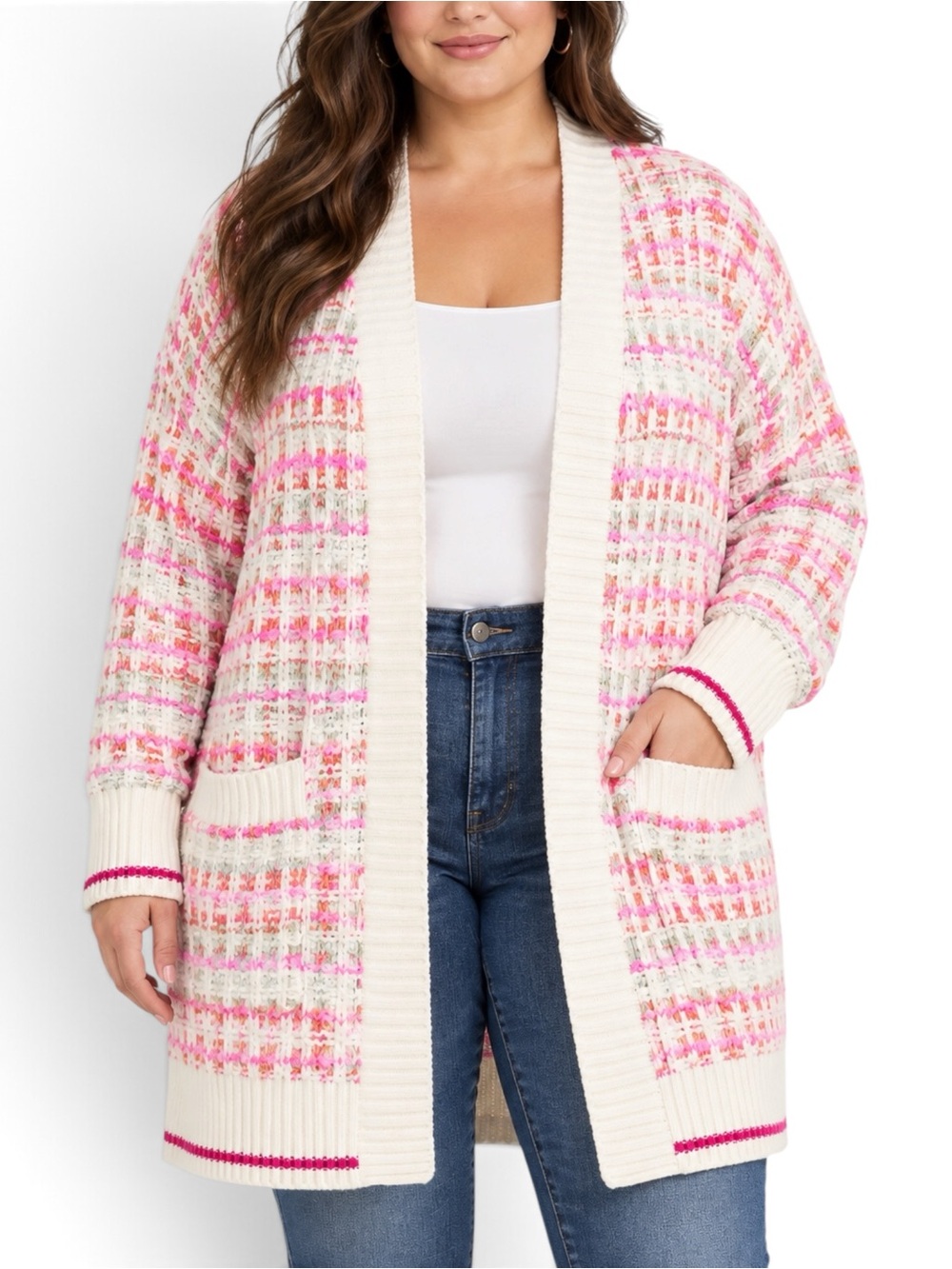 Torrid Cardigan 1 1X Ivory Pink Tweed Textured Longline Open Front NWT